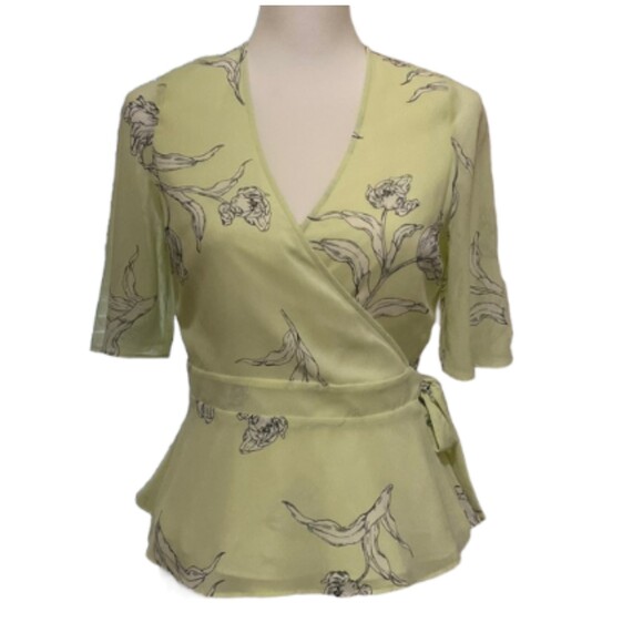 Banana Republic Floral Wrap Shirt Sheer Lined Womens XS Lime Peplum Hem Tie NWT - Picture 1 of 14